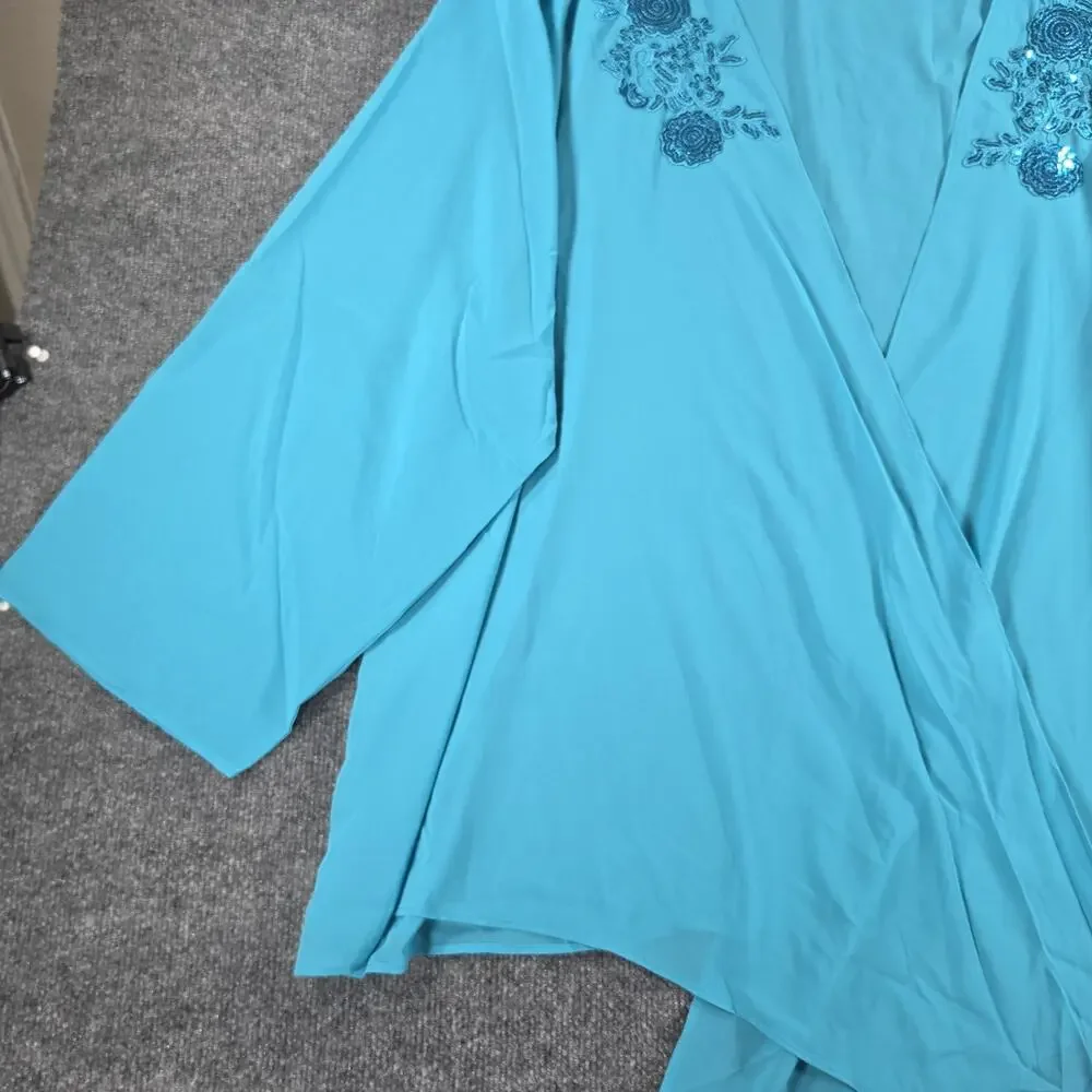 Roaman's Women 40W Turquoise 2 Piece Dress Duster Sequin Embroidered Plus Size